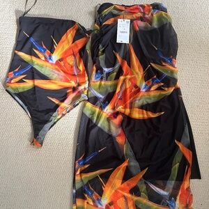 Zara Birds of Paradise Flower Skirt  Set Strapless Bodysuit size Large